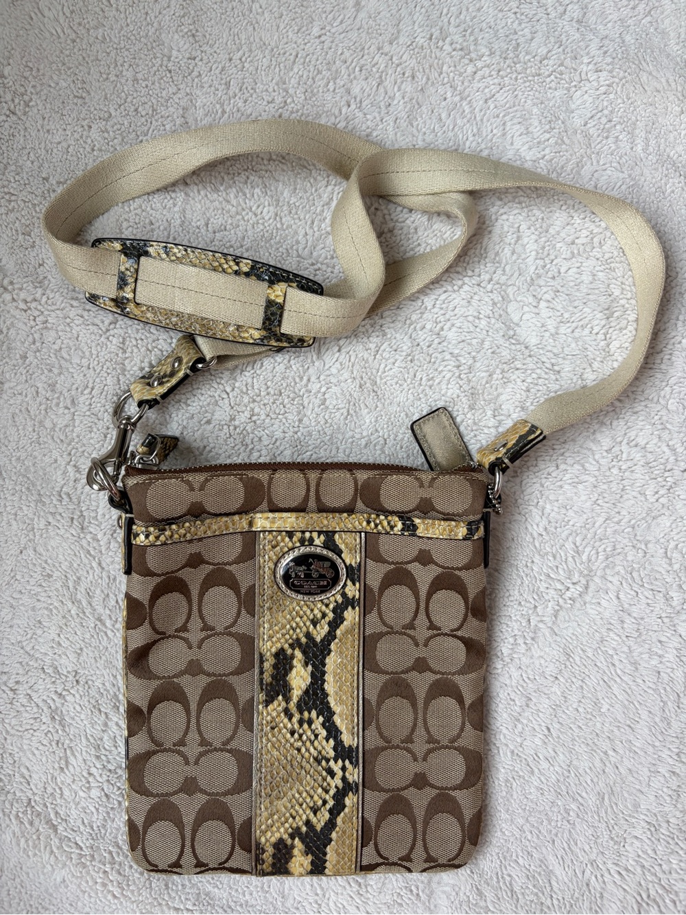 Coach Brown Signature Crossbody with Yellow Leather Python Swingpack